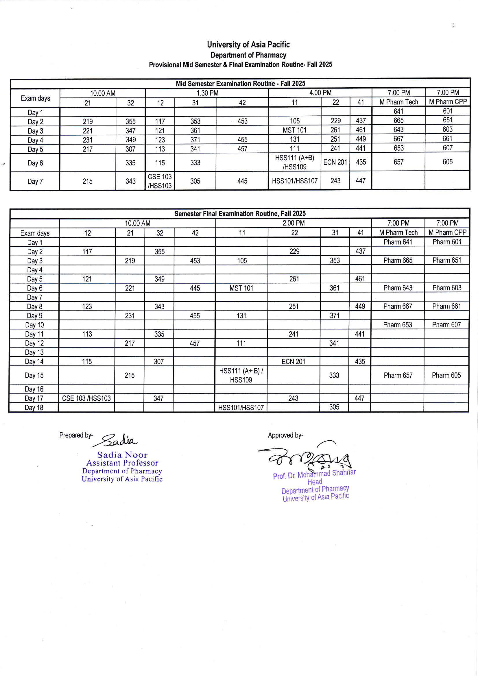 Provisional Exam Routine Fall 2025